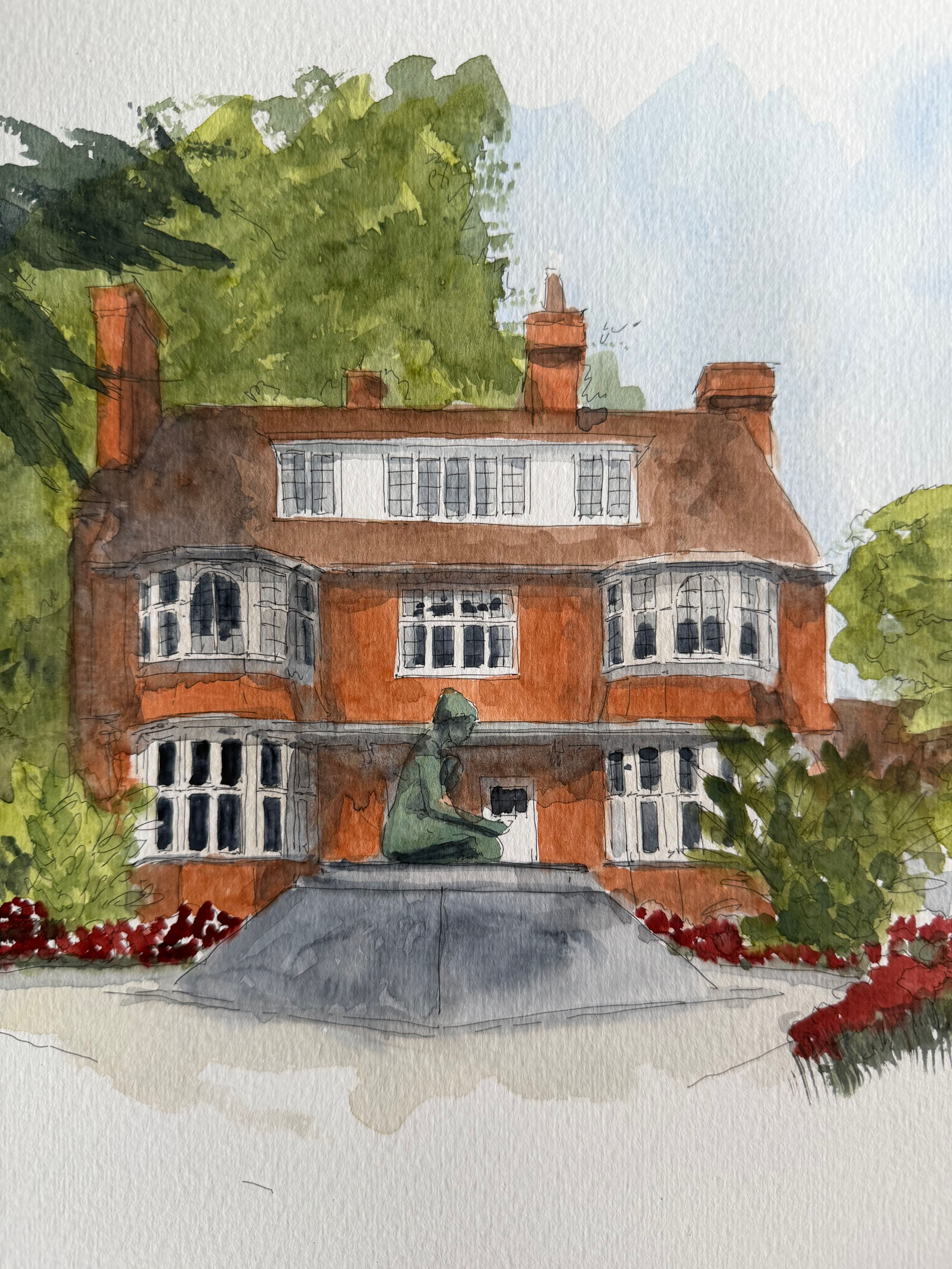 Watercolour of Elmside House at Clare Hall, Cambridge.