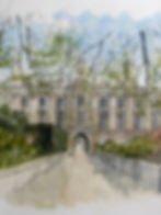 Watercolour of the approach to Clare College , Oxford