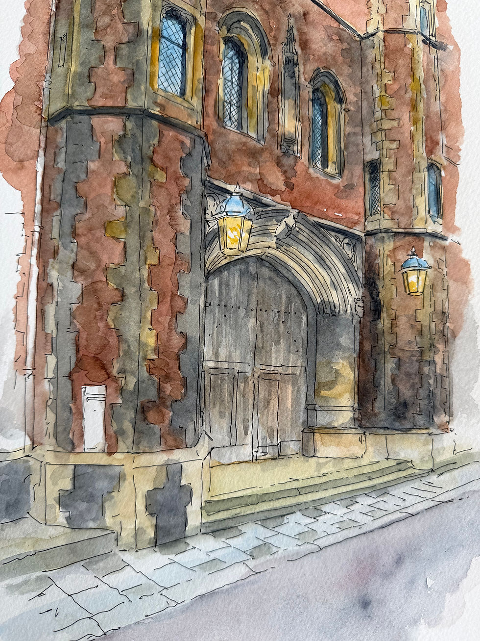 Watercolour of Queens' College Cambridge and its wonderful aged gate