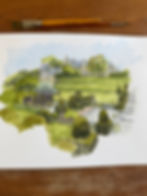 watercolour of Mapperton House gardens, West Dorset, England.