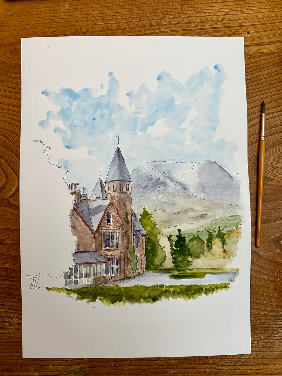 Thumbnail: beautiful watercolour of  The Torridon, Loch Torridon. Scottish Highlands