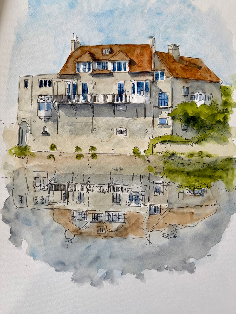 Thumbnail: beautiful watercolour of Darwin College, Cambridge overlooking the Cam