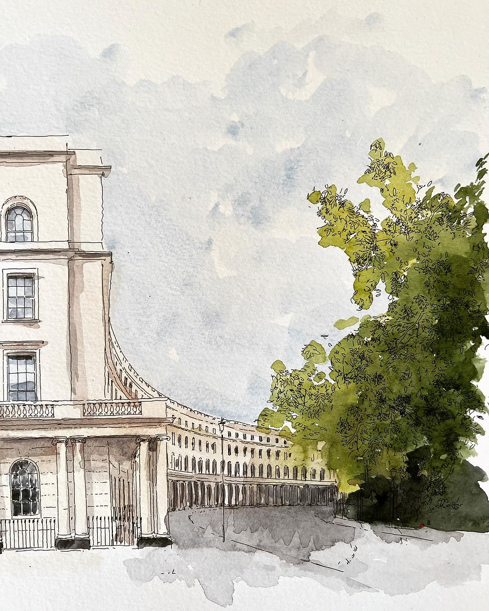 Thumbnail: Watercolor of a grand curved building with trees