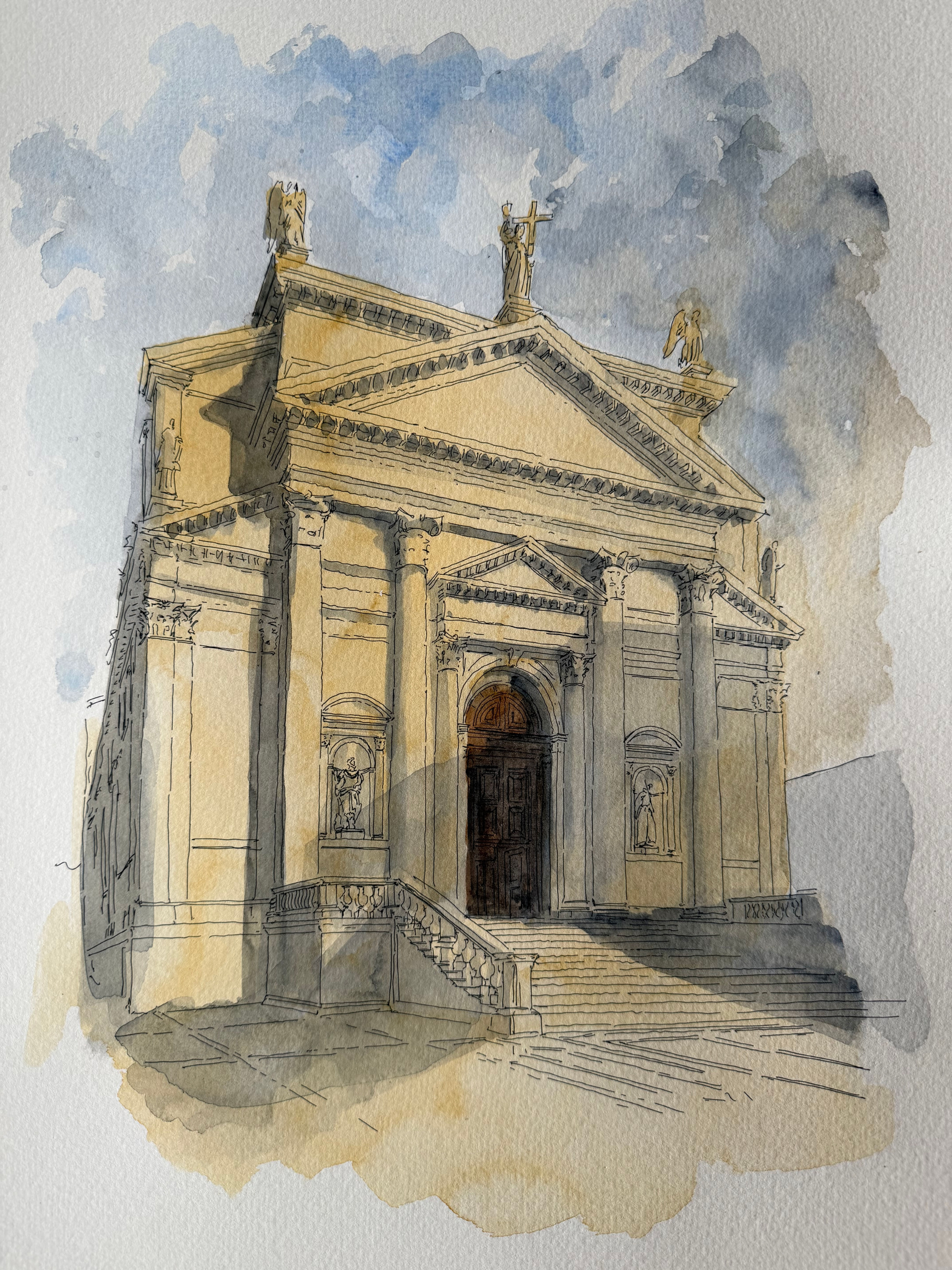 Watercolour of sunrise: Il Redentore. Venice