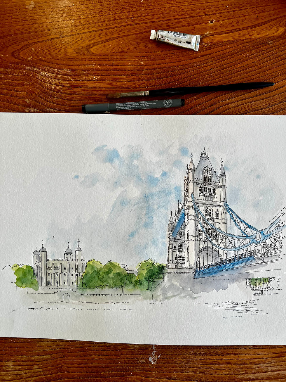 watercolour and sketch of Tower Bridge, London and the Tower of london
