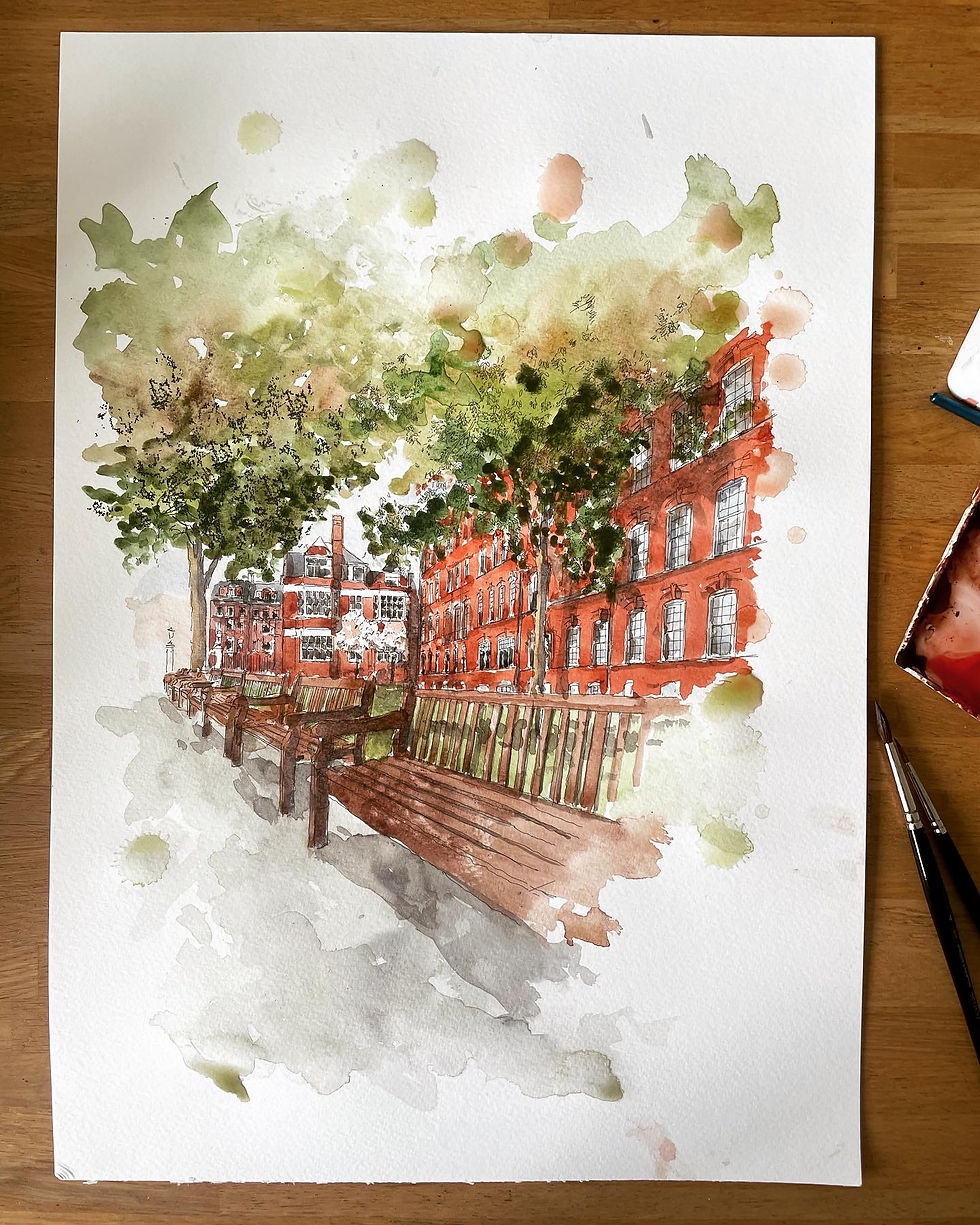 Watercolor painting of red brick buildings, mount street gardens