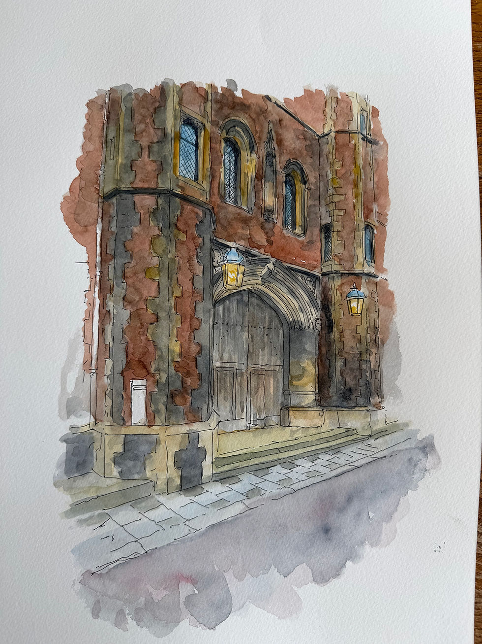 Watercolour of Queens' College Cambridge and its wonderful aged gate