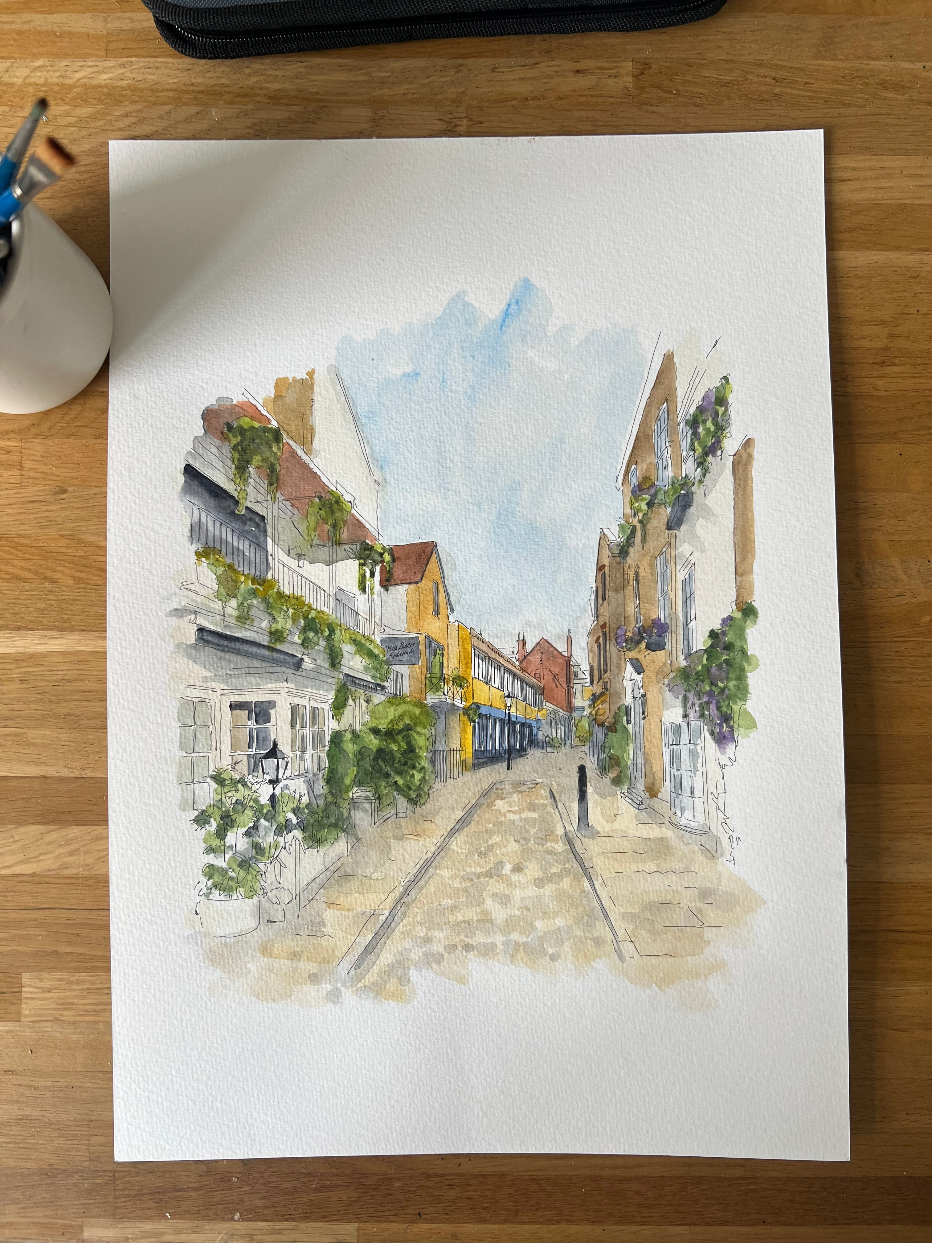 Watercolor painting of Perrins Court, Hampstead street