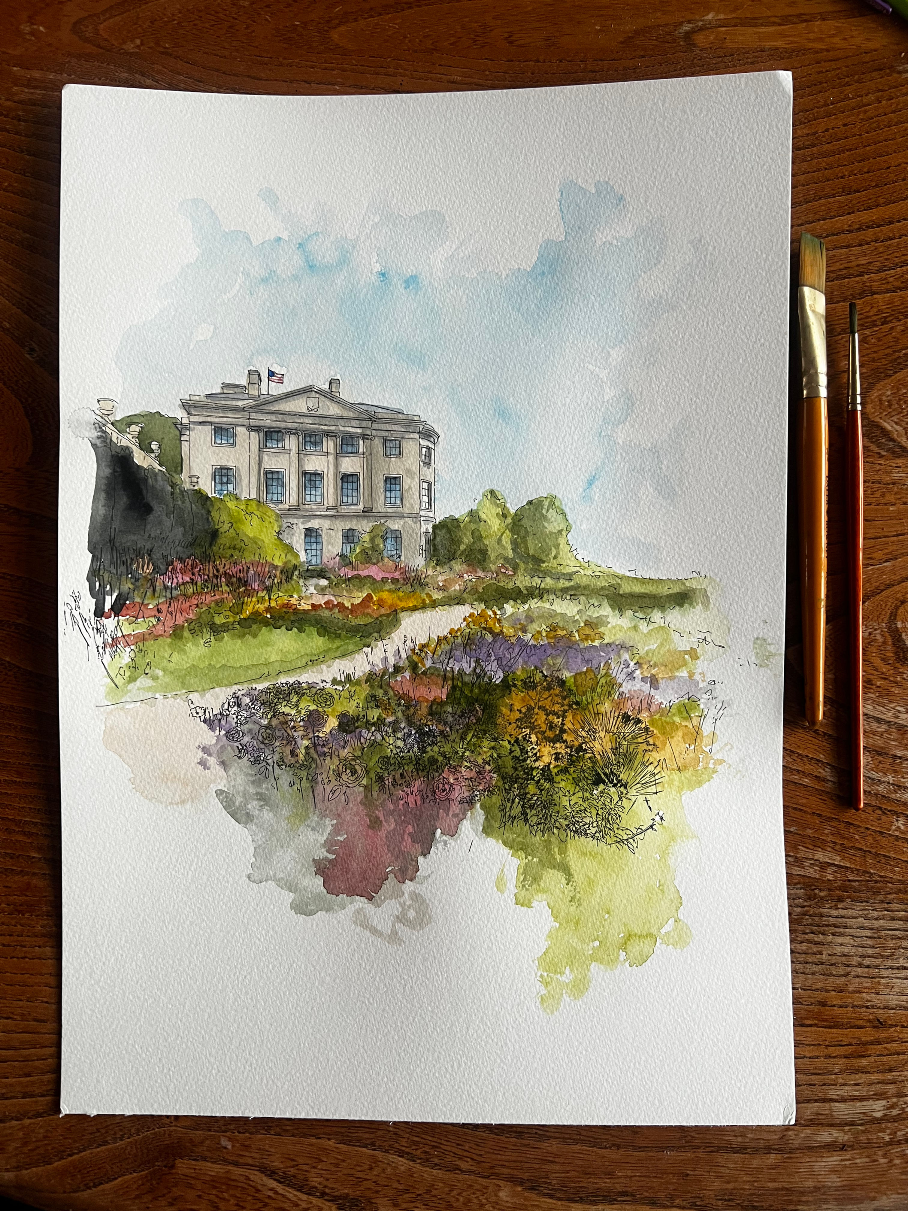 beautiful watercolour of The American Museum and Gardens. Bath