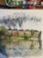 Watercolor painting of Mayfair buildings with reflections