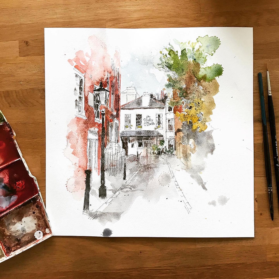 Watercolor painting of Hampstead street scene the holly bush pub