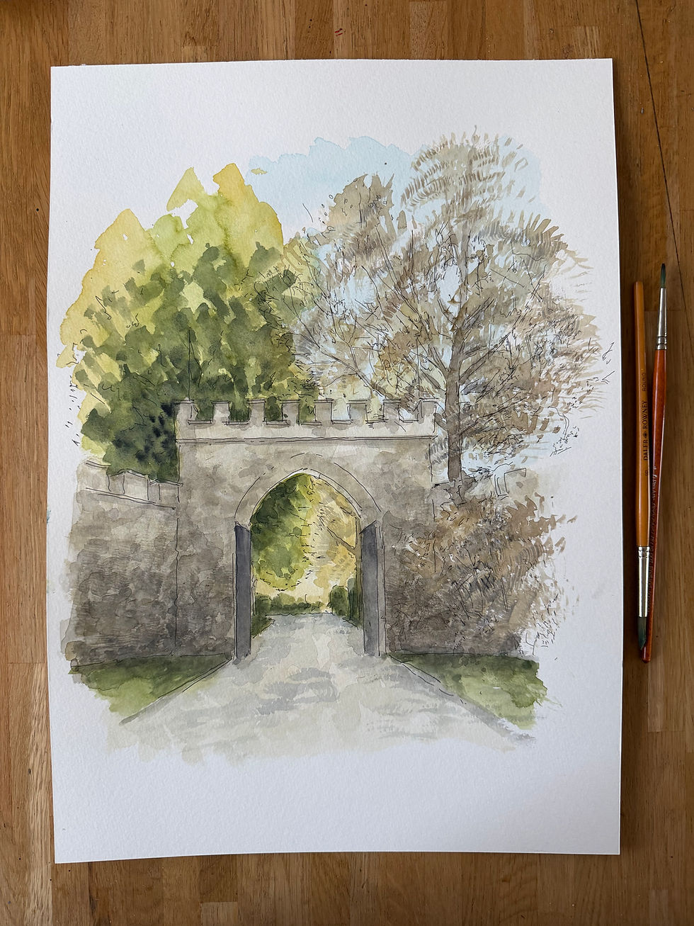 Thumbnail: beautiful watercolour of an arch at Clearwell Castle.  Gloucestershire with trees