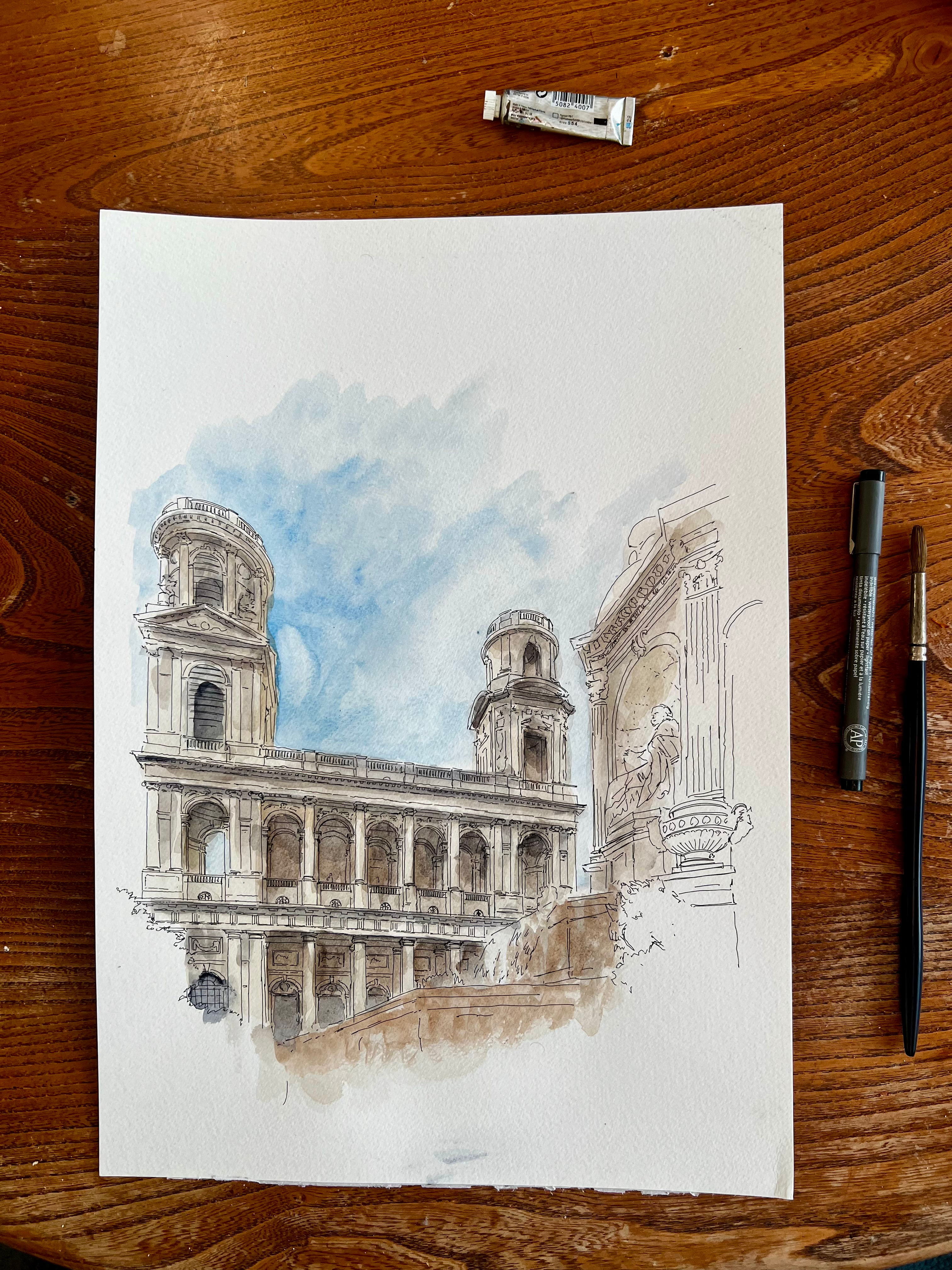 beautiful watercolour of The Church of Saint-Sulpice in Paris