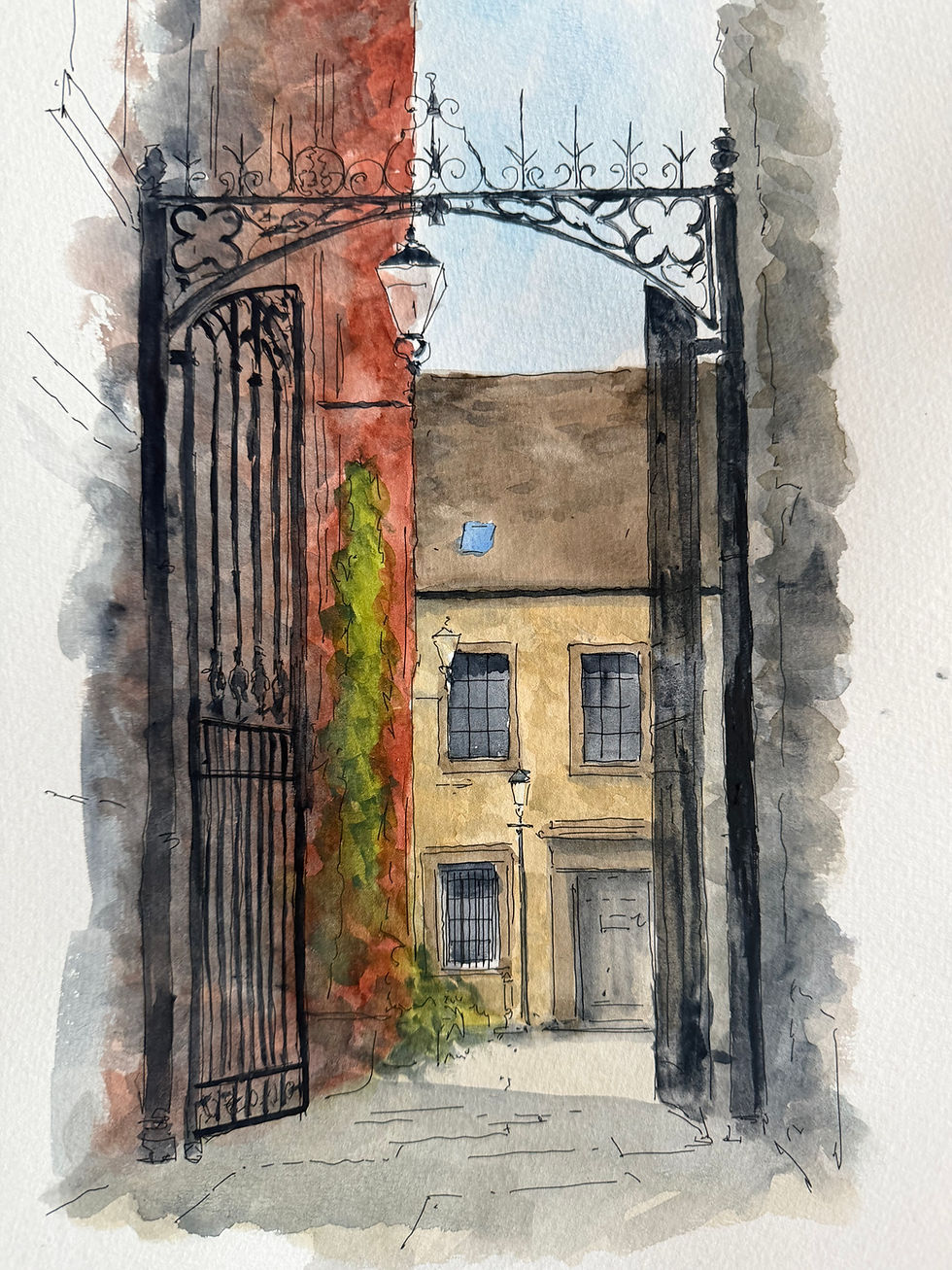 beautiful watercolour of a charming alley with gate