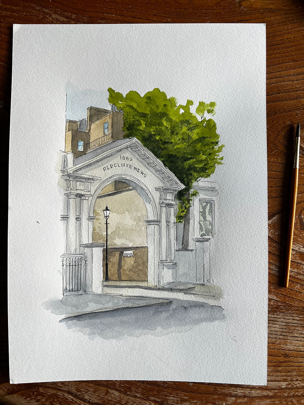 watercolour of  Redcliffe Mews, Knightsbridge. London