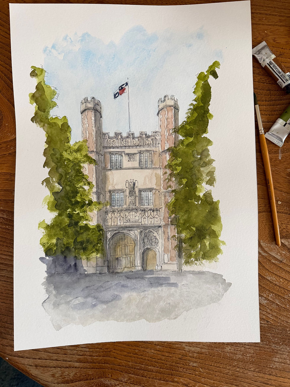 beautiful watercolour of the main gate Trinity College, Cambridge