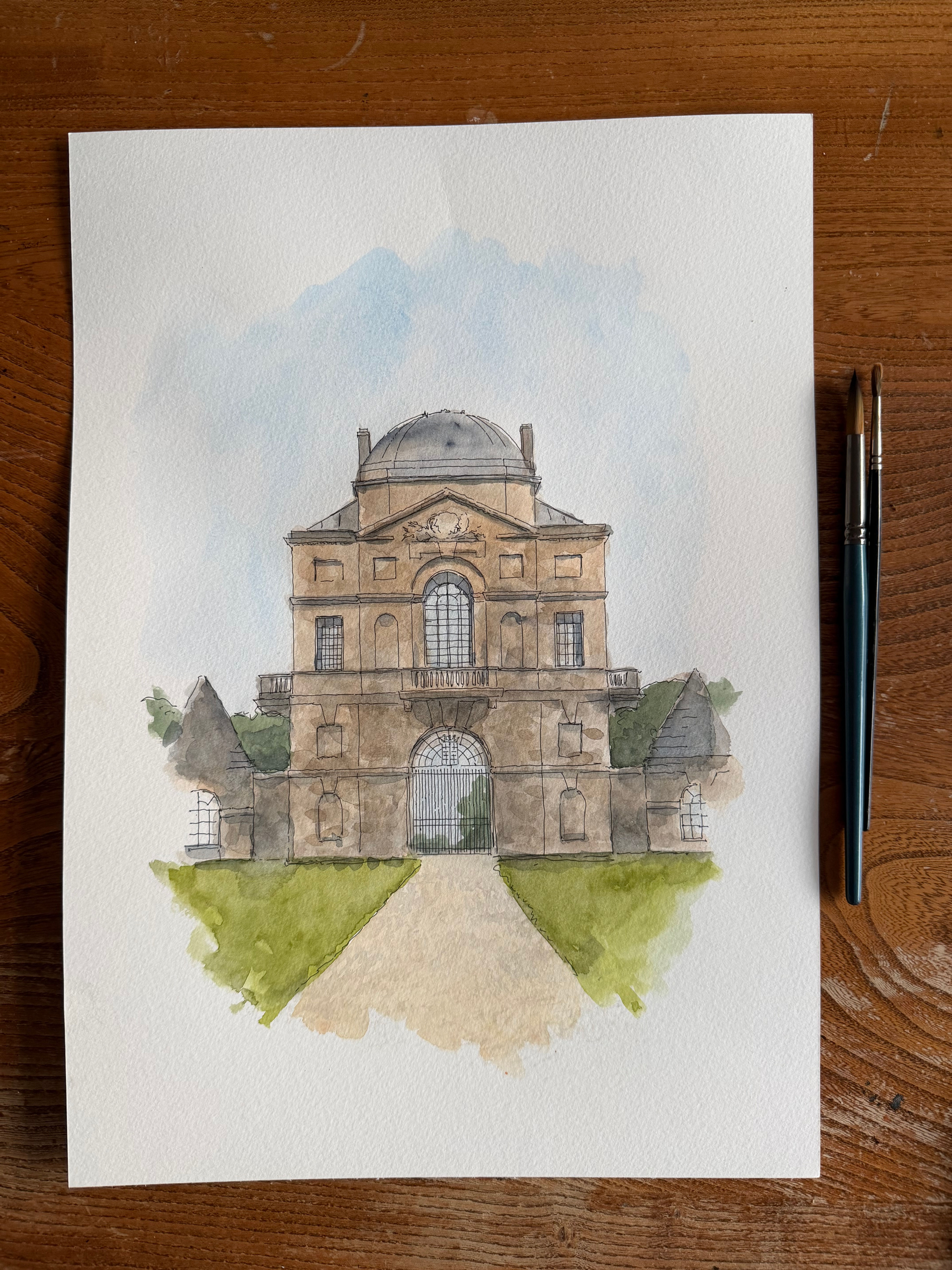 Watercolour of Worcester Lodge, Badminton Estate, South Gloucestershire UK