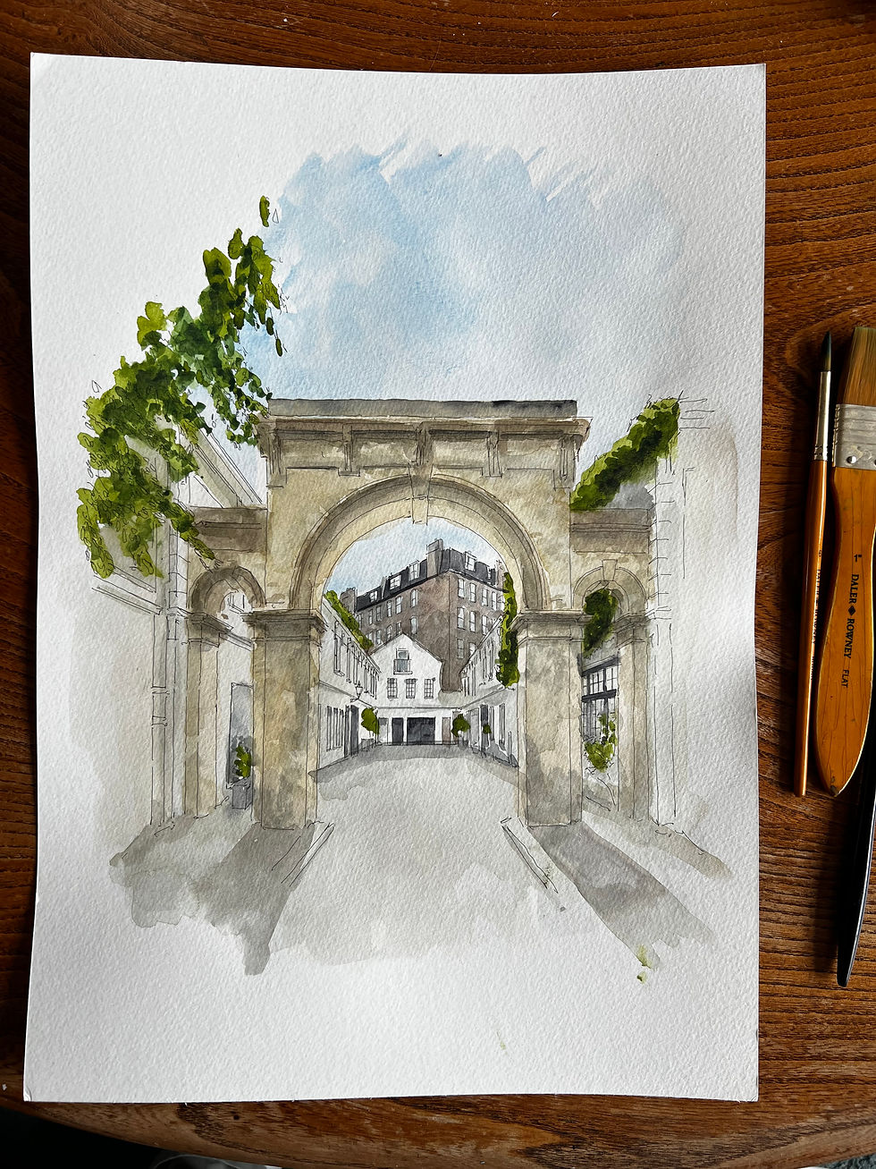 watercolour of  Laverton Mews. Knightsbridge.London