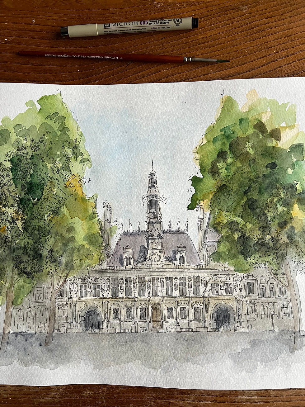 beautiful watercolour of The Hôtel de Ville, Paris