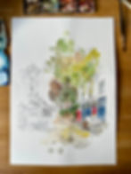Watercolor of The Grenadier street, part sketch, part color