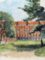 Watercolour of Robinson College, Cambridge with lake.