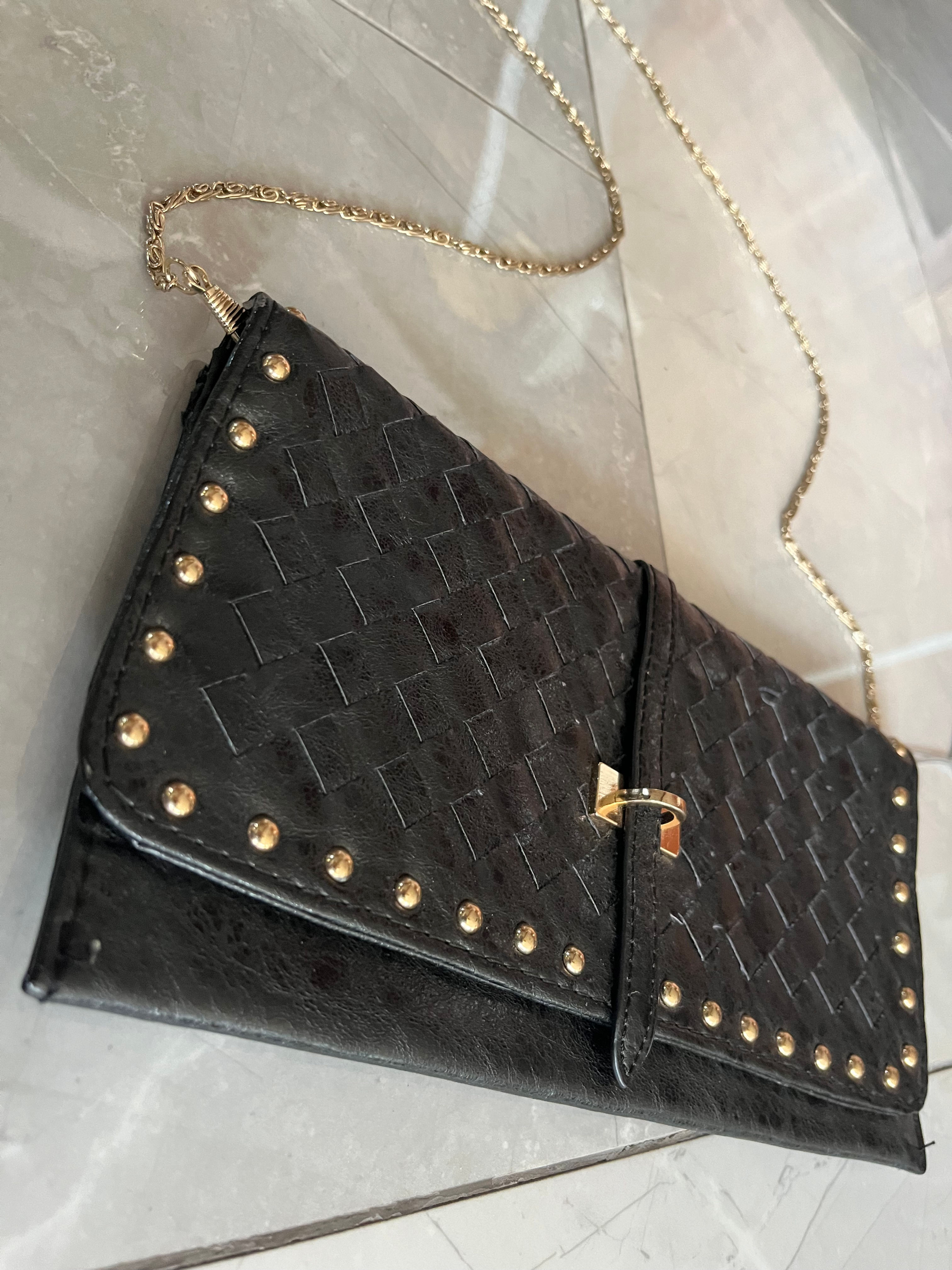 Vintage Vegan Leather Gold Studded Lattice Clutch