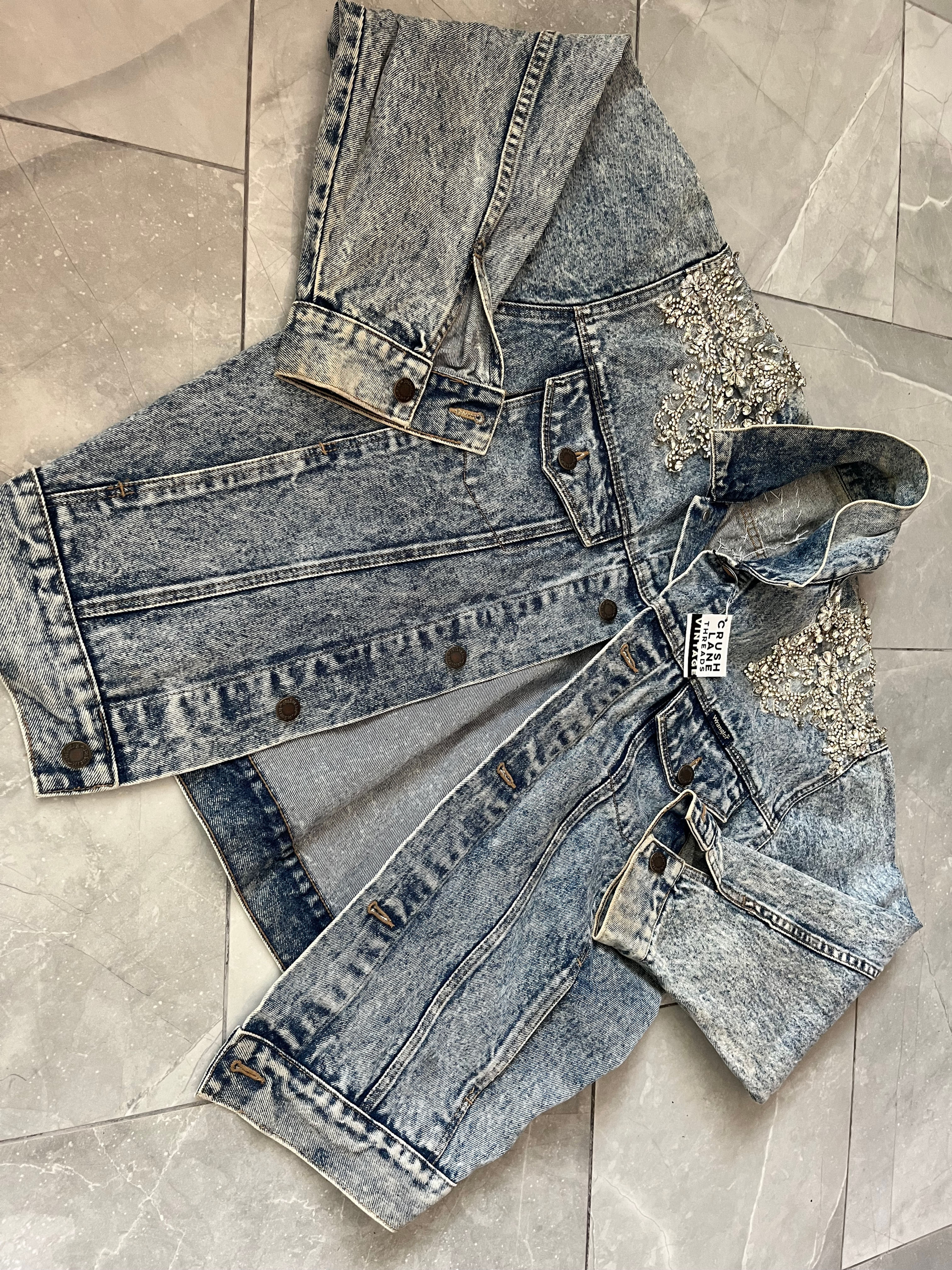 Repurposed 'Wrangler' Acid Wash Jean Jacket with Rhinestone Detail