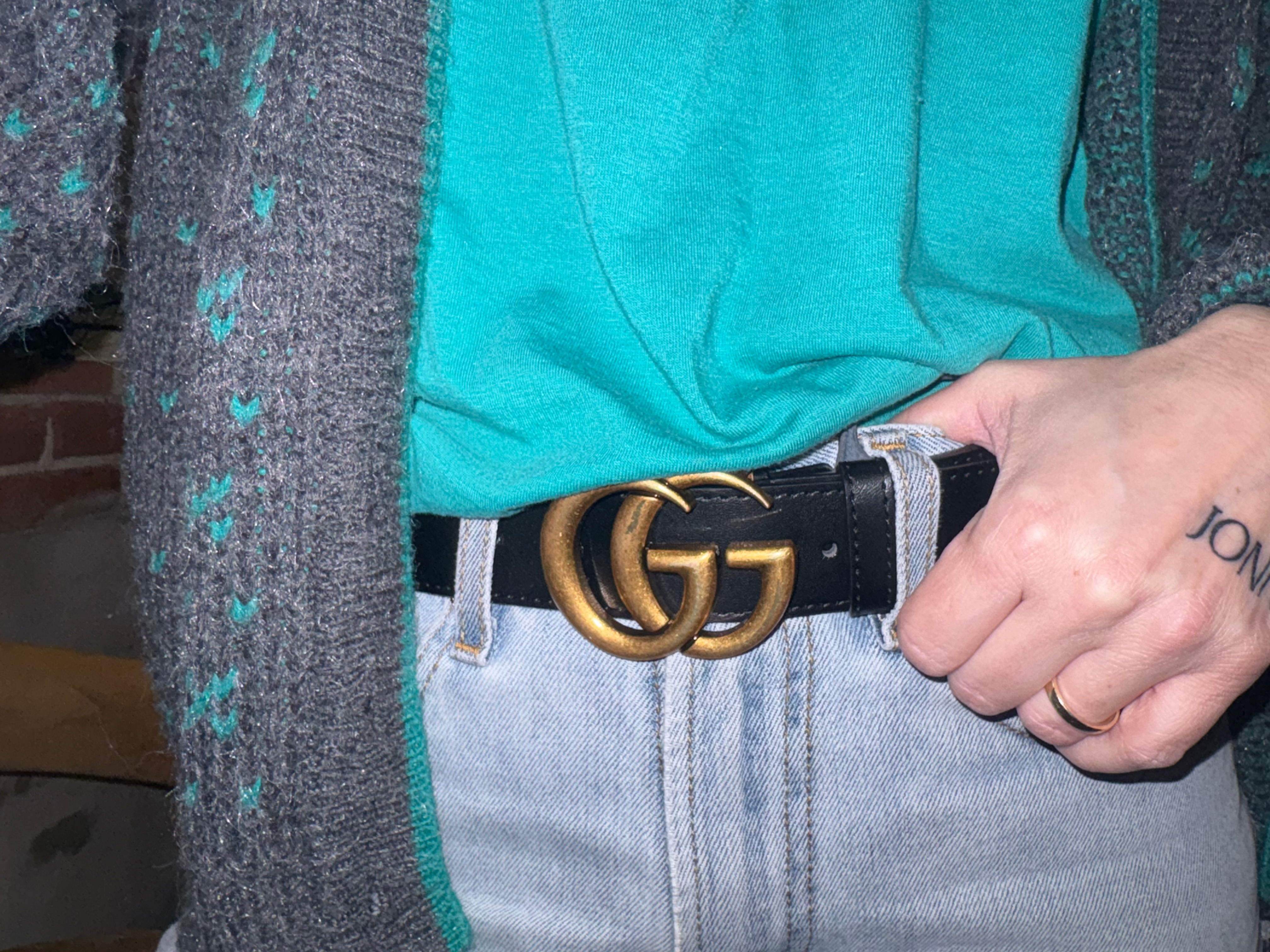 Gold Double G Black Genuine Leather Belt 31-32"