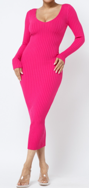 Thumbnail: Long Sleeve Ribbed Midi Dress in Fuchsia