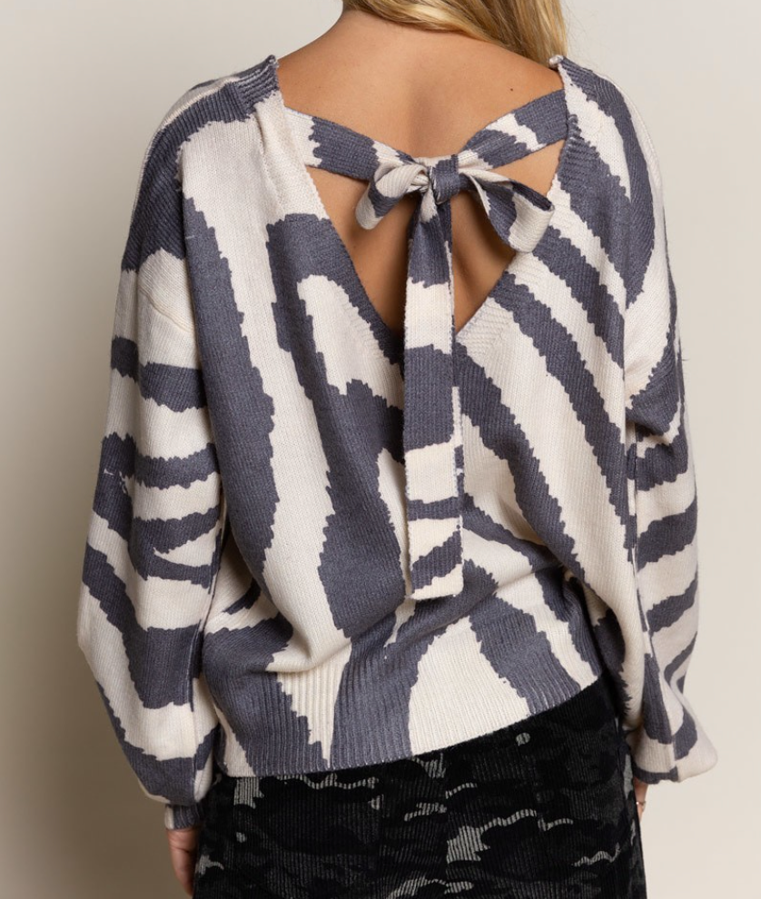 Thumbnail: 'V' Neck Zebra Print Sweater with Tie at Back