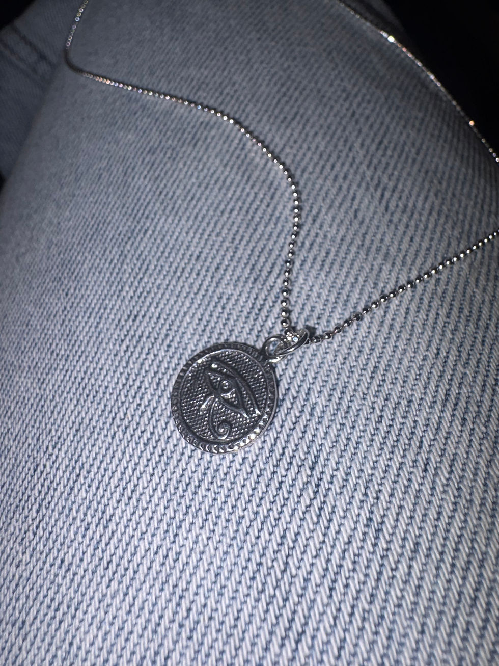 Miniature : Antiqued Silver Evil Eye Medallion Charm Necklace