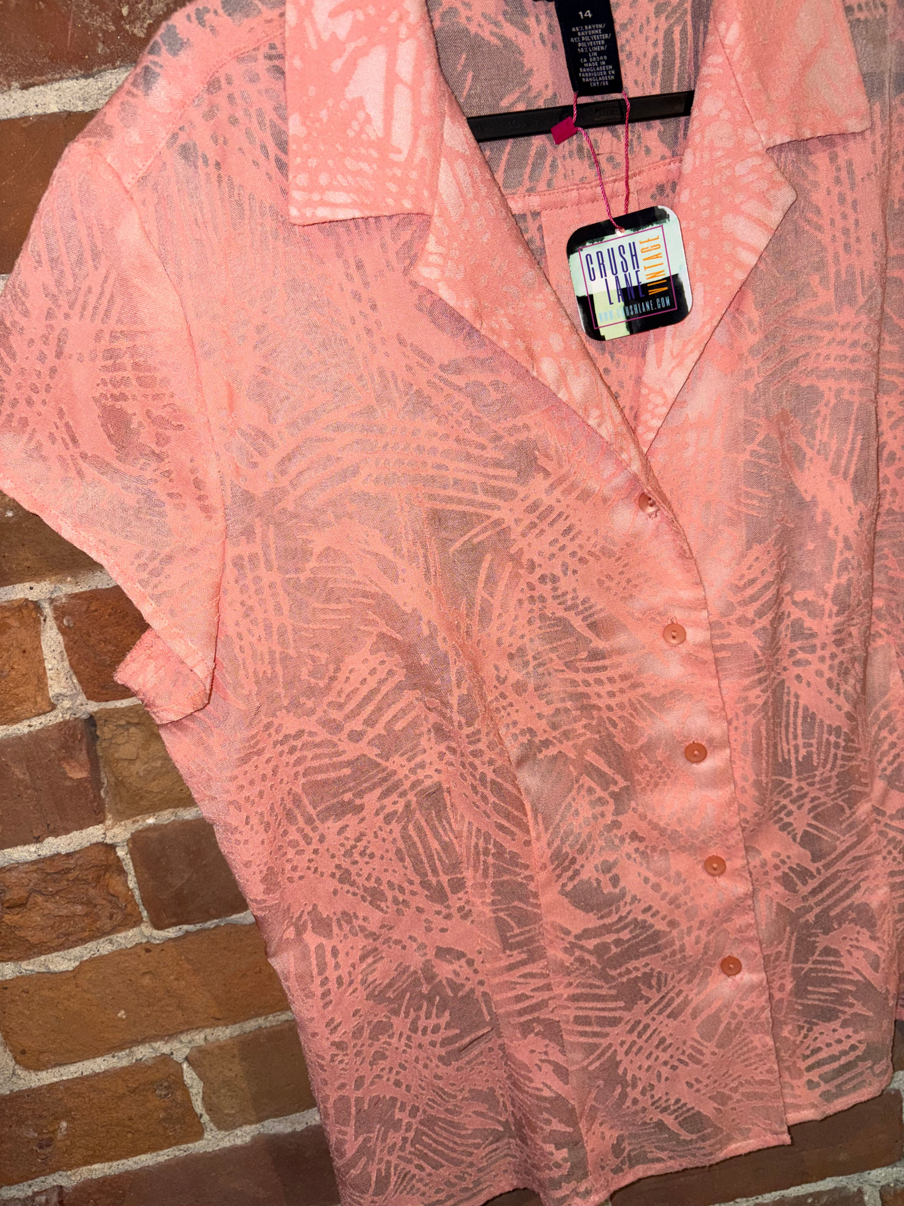 Vintage Pink Abstract Sheer Button Up Blouse