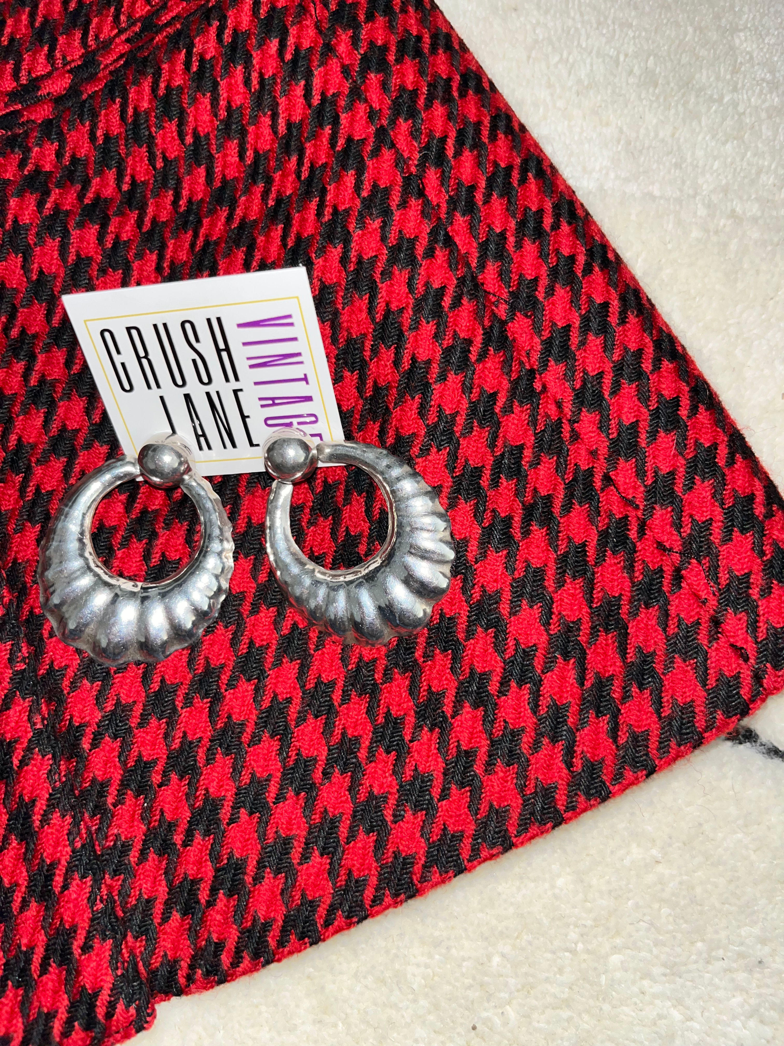 Sterling Silver Ribbed Drop Hoop Stud Earrings