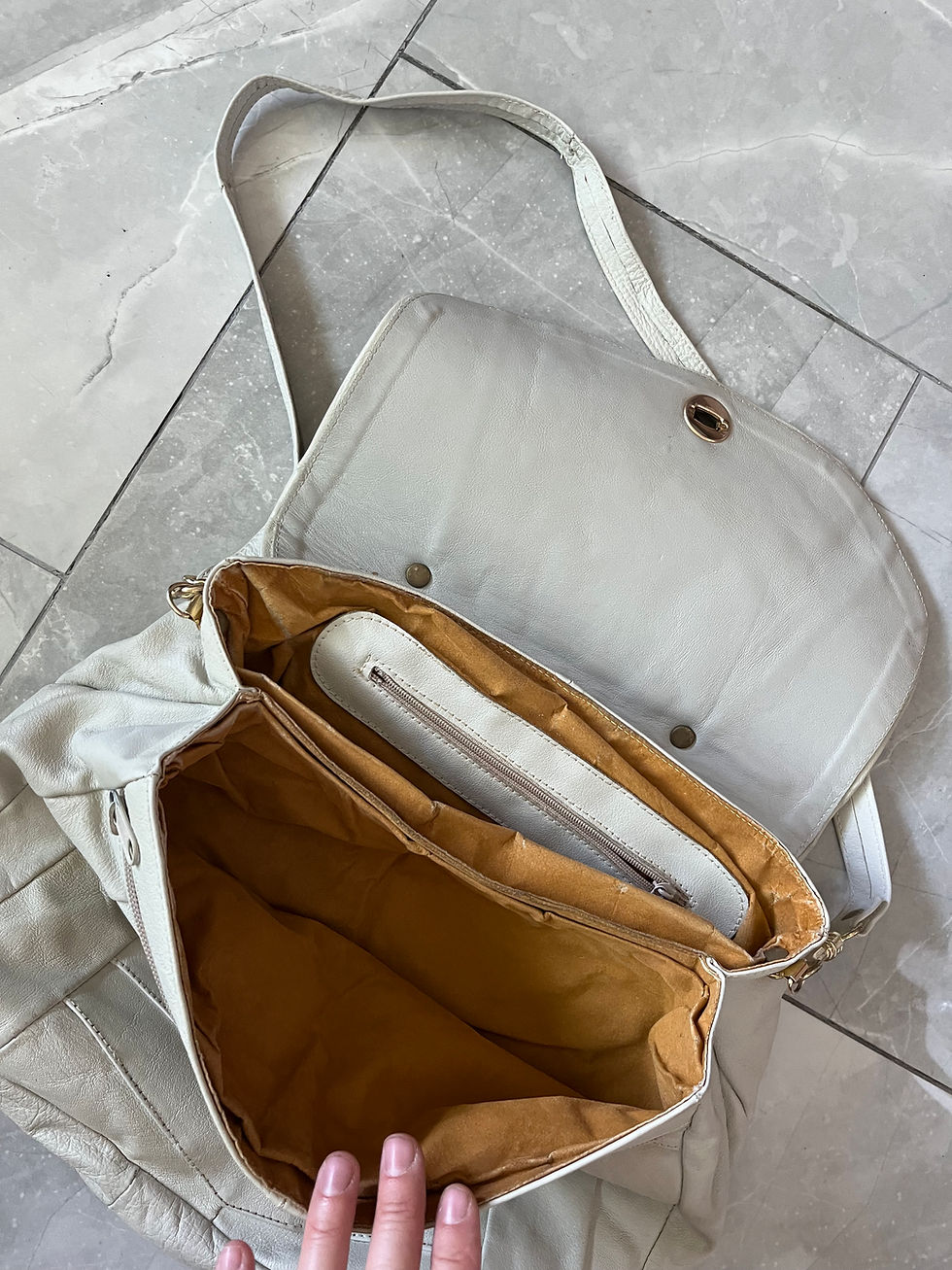 Miniature : Sac à main vintage en cuir véritable ivoire avec détails à chevrons