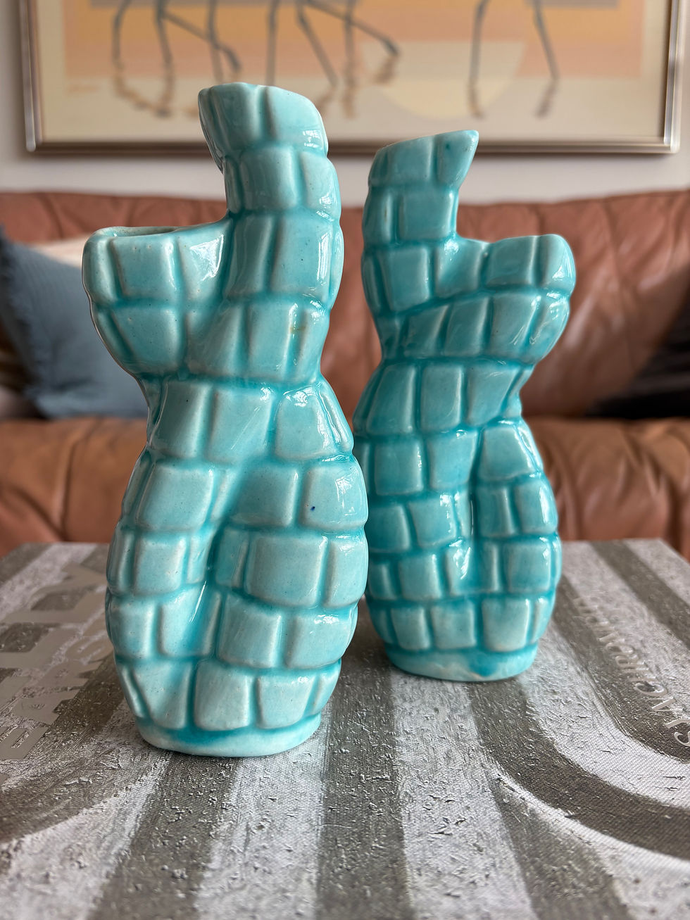 Miniature : Vintage Pair of Turquoise Glazed Coral Vases