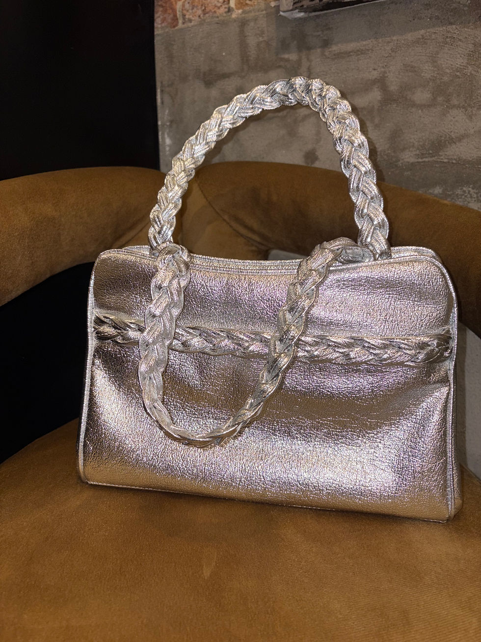 Thumbnail: Vintage Metallic Silver Vegan Leather Bag with Braided Handles