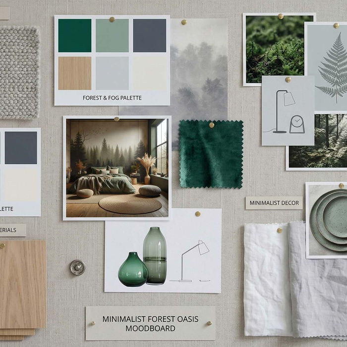 Moodboard mit Farben und Materialien für die Neugestaltung des Airbnbs