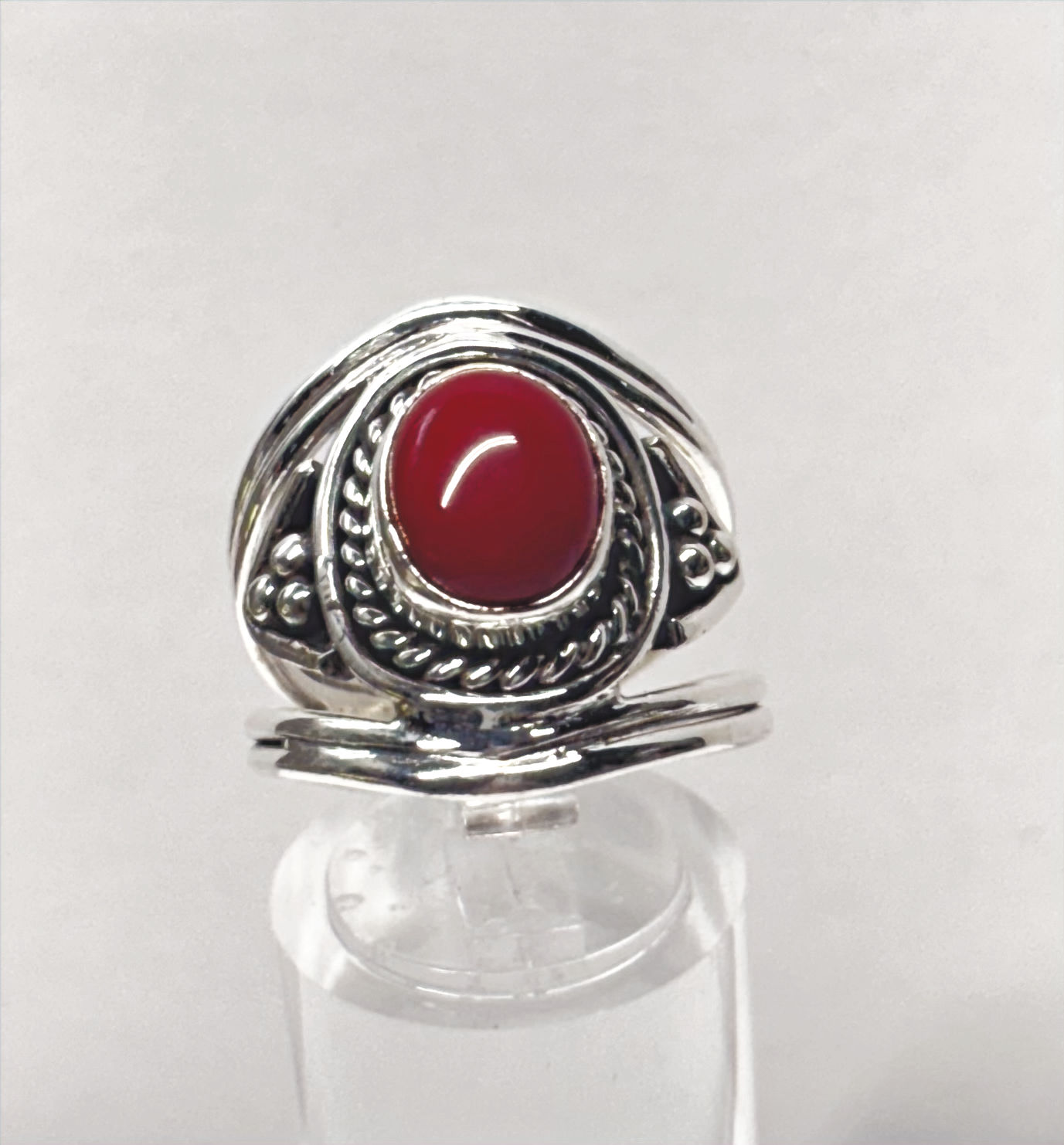 Red Coral, 925 Sterling Silver Ring Sz 8