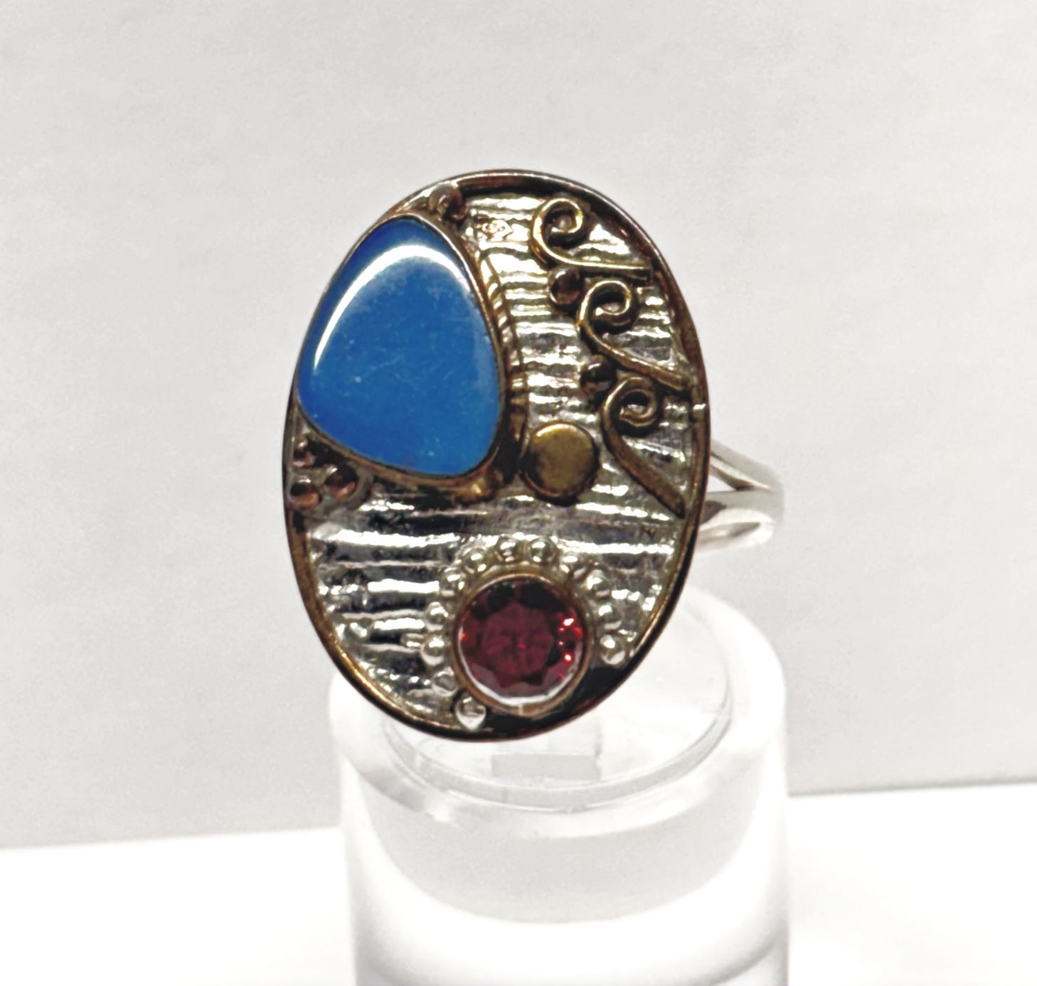 3 Tone Blue Fire Opal, 925 Sterling Silver &Copper Ring Sz 7.5