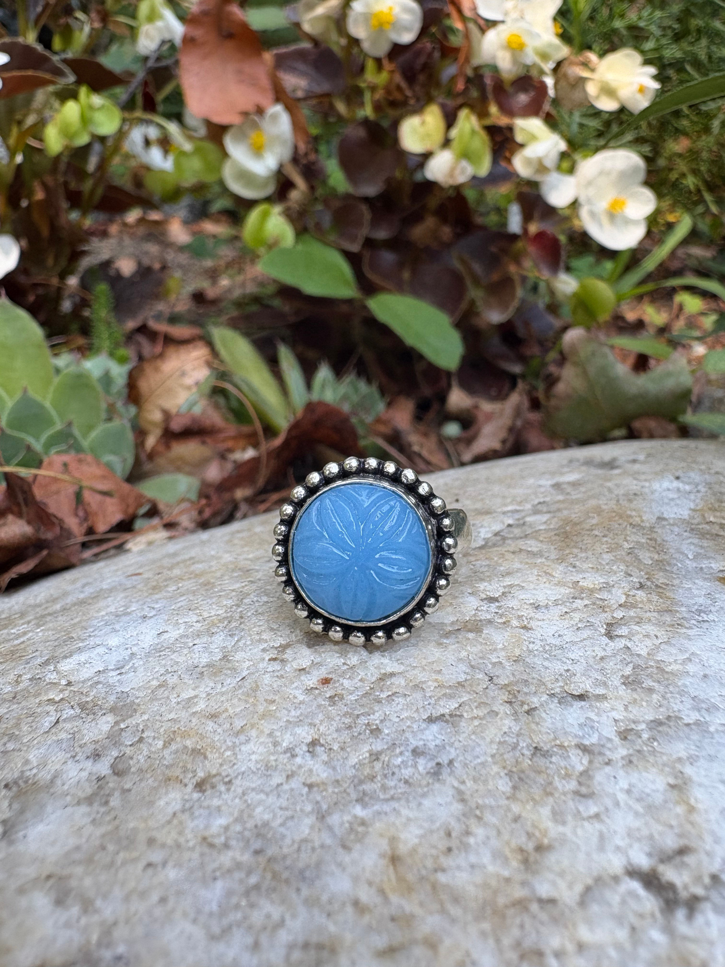 Hand Carved Chalcedony, 925 Sterling Silver Ring Sz 7