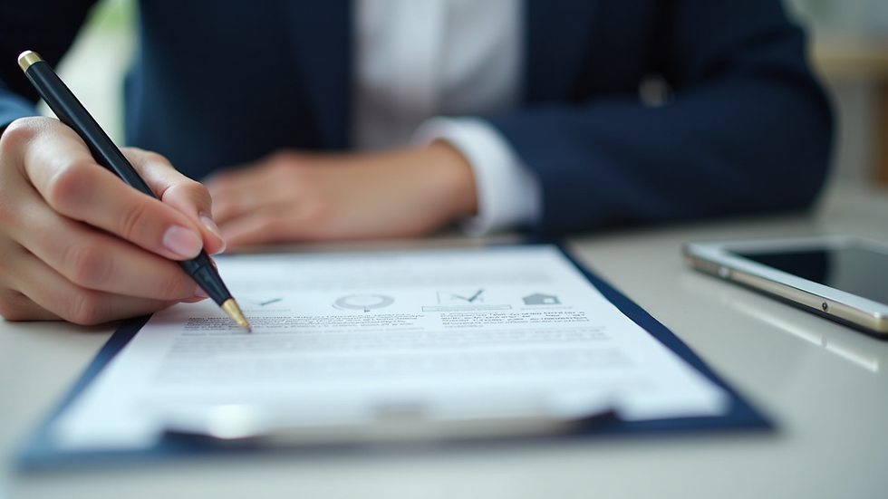 Close-up view of a real estate agent’s hand holding a contract and pen