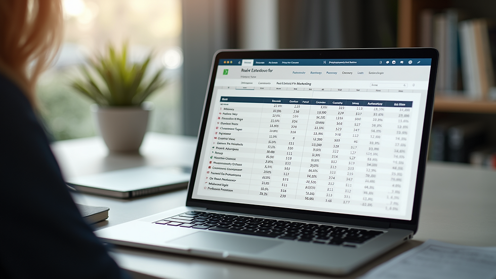 High angle view of a laptop displaying real estate marketing budget spreadsheet