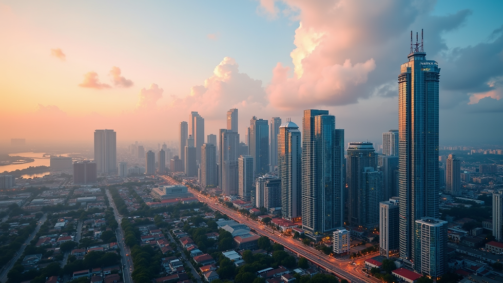 Wide angle view of a vibrant city skyline with emerging real estate developments