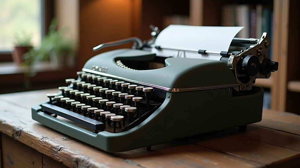 Close-up of a vintage typewriter on a rustic wooden desk