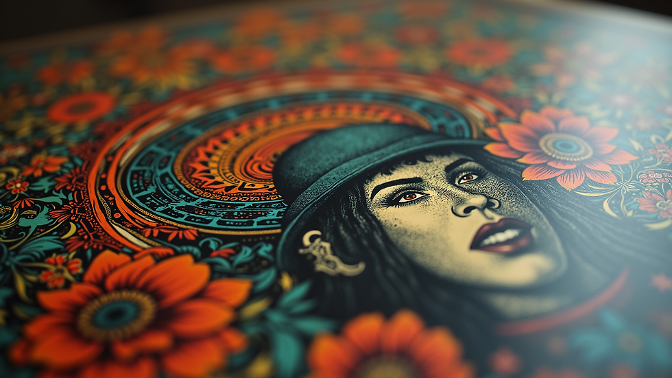 Close-up of a vintage punk rock album cover with intricate artwork