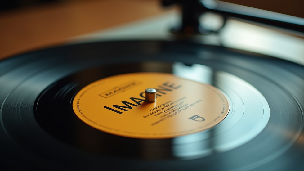 Eye-level view of a vinyl record of "Imagine"