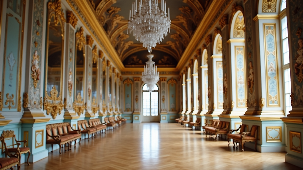 Eye-level view of the ornate halls of the Palace of Versailles