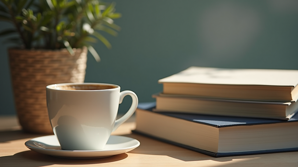 Close-up view of a coffee cup beside a stack of books