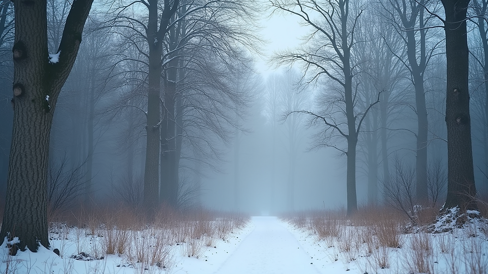 A frozen forest scene with tall, bare trees