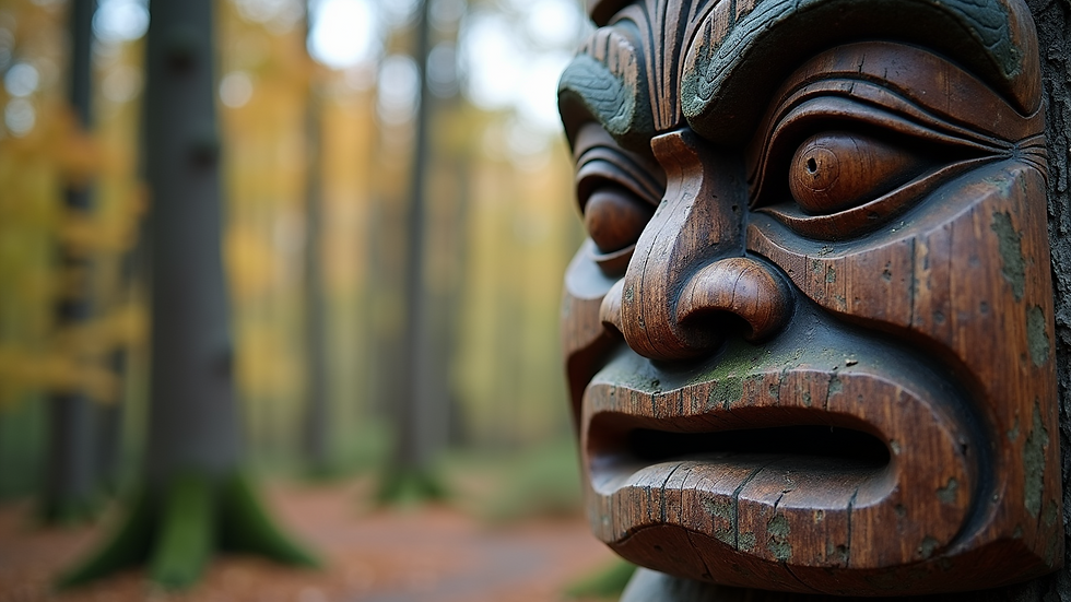Close-up view of a beautifully carved totem pole